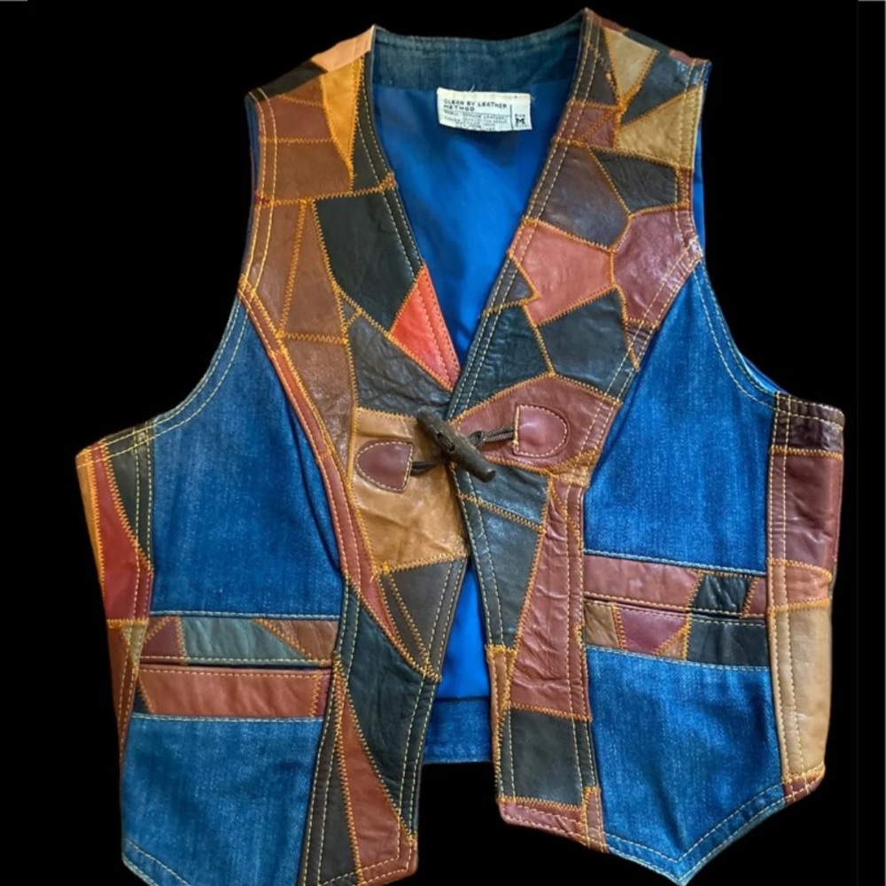 Vintage 1960s leather boho patchwork denim vest